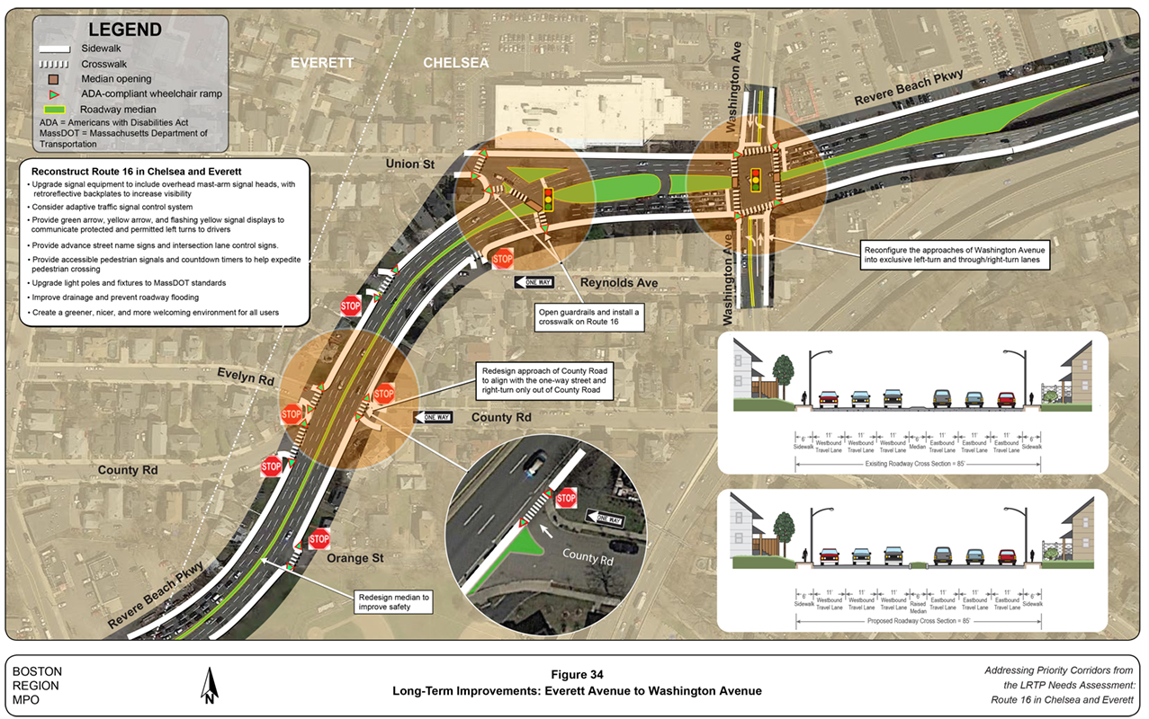 Figure 34
Long-Term Improvements: Everett Avenue to Washington Avenue
Figure 34 is an aerial photo of Route 16 showing long-term improvements from Everett Avenue to Washington Avenue.
